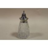 A HALLMARKED SILVER TOPPED CUT GLASS SUGAR CASTOR