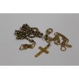 A BAG OF 9 CARAT GOLD AND YELLOW METAL JEWELLERY TO INCLUDE GOLD CHAINS, CROSS PENDANT ETC.