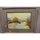 A FRAMED AND GLAZED WATERCOLOUR DEPICTING A MOUNTAINOUS RIVER SCENE SIGNED MAYNARD LOWER RIGHT
