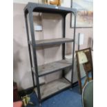 A MODERN INDUSTRIAL STYLE METAL AND WOODEN OPEN BOOKCASE ON WHEELS H 180 cm