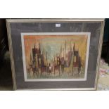 A FRAMED AND GLAZED JOHN BULLOCK PRINT ENTITLED CITY LANDSCAPE