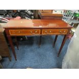 A REPRODUCTION MAHOGANY TWO DRAWER CONSOLE TABLE H 79 cm, W 104 cm, A/F