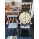 A PAIR OF PAINTED ARM CHAIRS, PAINTED WALL RACK AND A MODERN CLOCK (4)