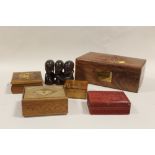 A COLLECTION OF TREEN LIDDED BOXES, CARVED WOODEN FIGURE ETC