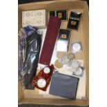 A TRAY OF COLLECTABLES TO INCLUDE A SILVER FOB WATCH, COINS ETC