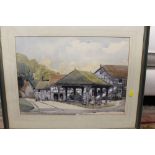 A FRAMED AND GLAZED WATERCOLOUR SIGNED R. CRIPPOOL DEPICTING A COTSWOLD MARKET SCENE