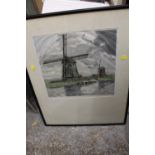 A FRAMED AND GLAZED COLOURED ETCHING DEPICTING A WINDMILL SIGNED HANS FIGURA