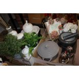 TWO BOXES OF MODERN EX SHOW HOME KITCHENALIA TO INCLUDE A TWIN HANDLED COOKING POT, PESTLE AND