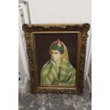 A LARGE GILT FRAMED OIL ON CANVAS PORTRAIT STUDY OF AN EASTERN LADY SIGNED INDISTINCTLY LOWER LEFT