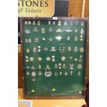 AN OAK DISPLAY CASE CONTAINING A DISPLAY OF VINTAGE MILITARY BADGES AND BUTTONS ETC.