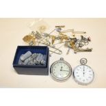 A SMALL BOX OF COLLECTABLES TO INCLUDE A INGERSOLL POCKET WATCH, STOP WATCH, FOSSILS, CUFFLINKS ETC
