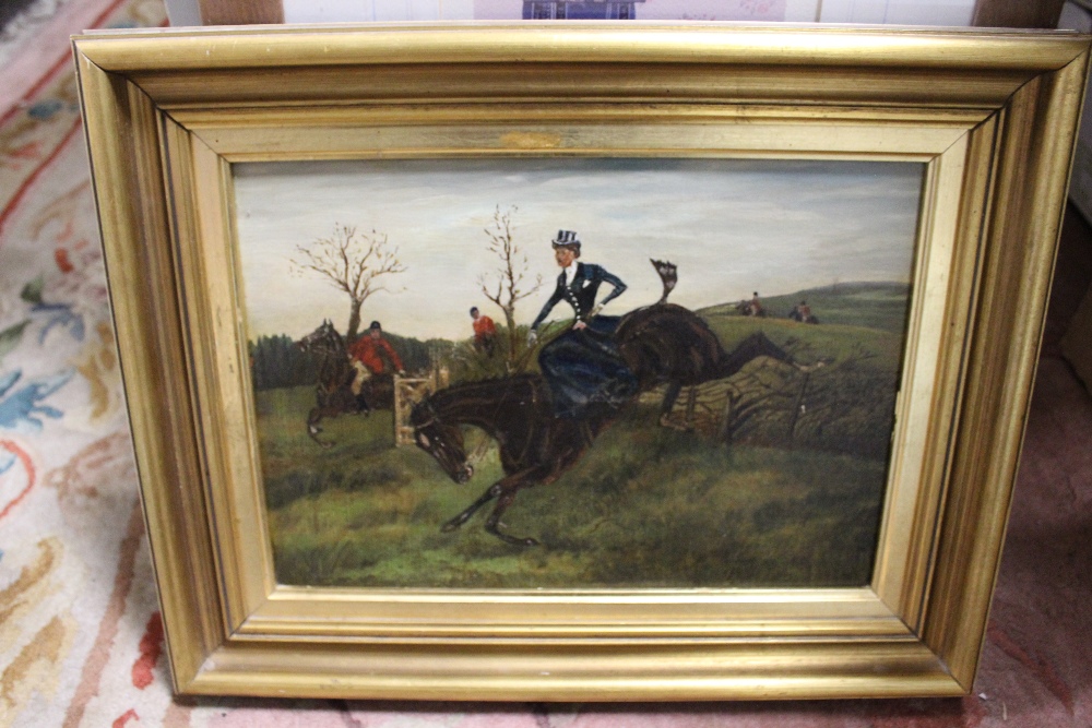 AN ANTIQUE GILT FRAMED OIL ON CANVAS DEPICTING A HUNTING SCENE