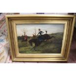 AN ANTIQUE GILT FRAMED OIL ON CANVAS DEPICTING A HUNTING SCENE