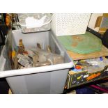 TWO TRAYS OF MIXED TOOLS AND PARTS PLUS A TUB OF SCREWS, CASED DRILL ETC