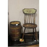 AN ANTIQUE STICK BACK CHAIR TOGETHER WITH AN OAK BANDED BARREL SHAPED STICK STAND (2)