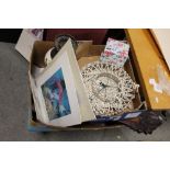 A BOX OF ASSORTED SUNDRIES TO INCLUDE A BAROMETER A/F