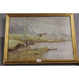 A FRAMED OIL ON CANVAS DEPICTING DUCKS IN FLIGHT OVER WATER SIGNED R. C. HAYWOOD