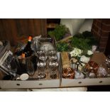 FOUR TRAYS OF MODERN EX SHOW HOME ORNAMENTS AND GLASSWARE TO INCLUDE CLOCKS ETC.