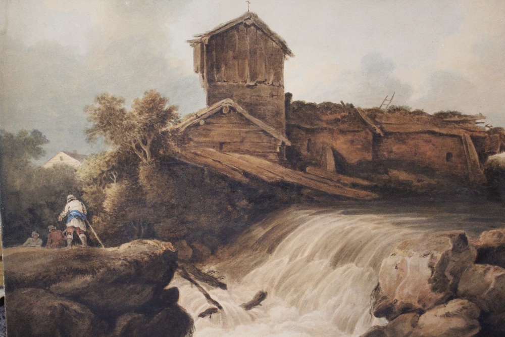 T. LINDSAY (XIX). English school, wooded rocky river landscape with figures by a waterfall,