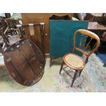 AN OAK DUMB WAITER TRAY ON STAND TOGETHER WITH A TALL CHILDS CHAIR & A CARD TABLE (3)