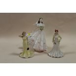 A COALPORT THE ROMANTIC BRIDE FIGURE, TOGETHER WITH TWO SMALLER COALPORT HEART TO HEART FIGURES (3)