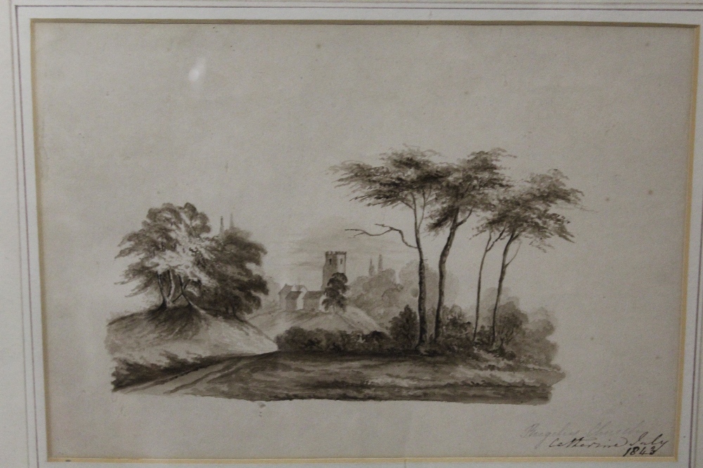 AN ANTIQUE MONOCHROME WATERCOLOUR DEPICTING BUGHLEY CHURCH BY CATHERINE POPCOCK - Image 2 of 2