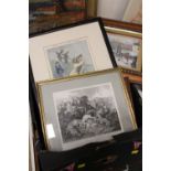 A TRAY OF PICTURES AND PRINTS TO INCLUDE DECOUPAGE PICTURES, NOVELTY GOLF INTEREST PRINTS ETC.
