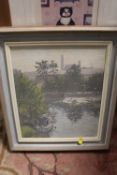 A FRAMED OIL ON CANVAS LAID ON BOARD DEPICTING A BOAT UPON A RIVER SIGNED IAN CRYER LOWER RIGHT