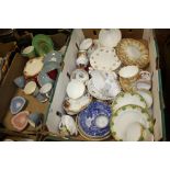 TWO TRAYS OF ASSORTED CHINA TO INCLUDE ROYAL ALBERT, CROWN DEVON AND WEDGWOOD ETC..