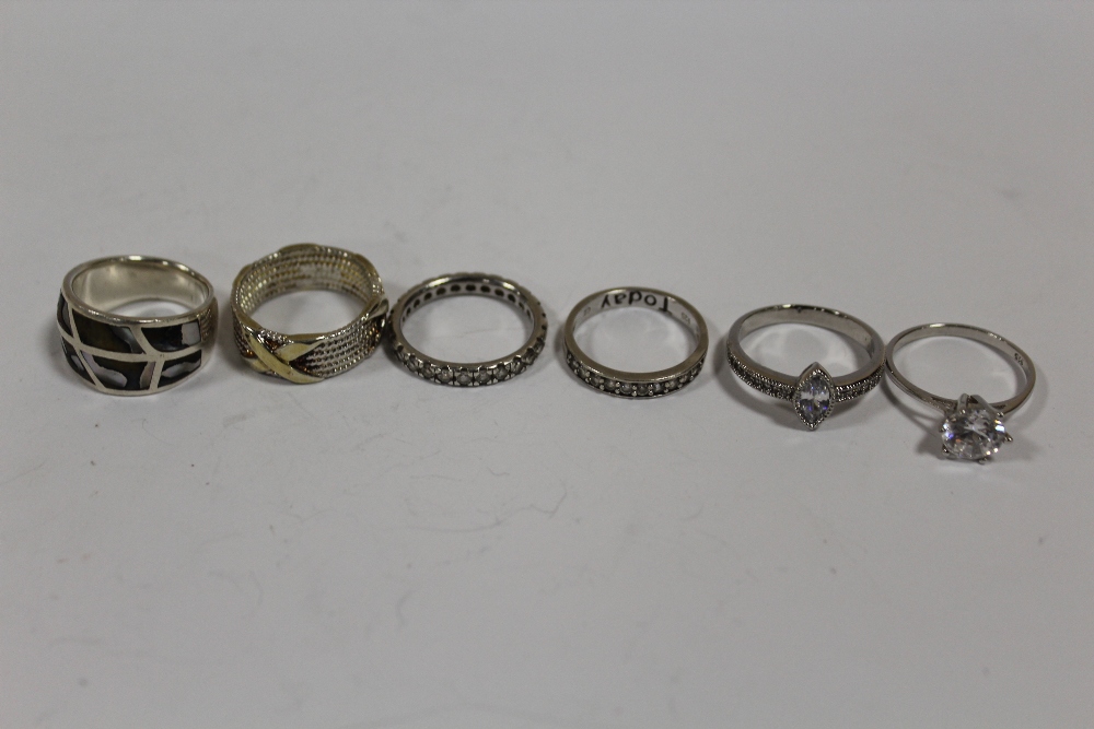 SIX SILVER DRESS RINGS TO INCLUDE GEM SET EXAMPLES, APPROX WEIGHT 24.8G