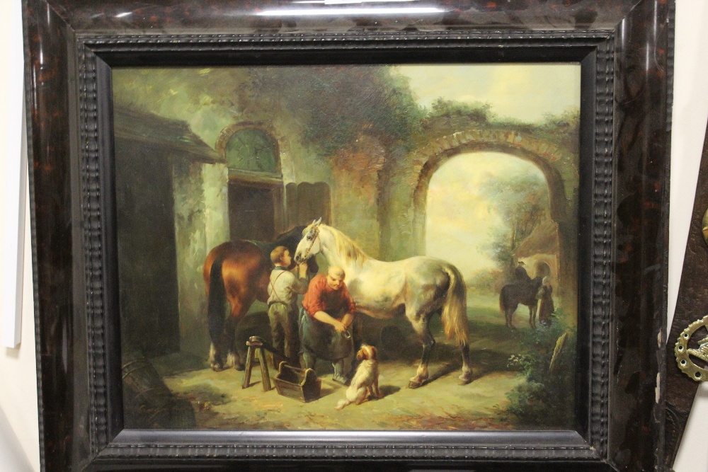 A 20th CENTURY FRAMED OIL ON BOARD OF A COURTYARD SCENE IN 18TH CENTURY STYLE WITH HORSES AND