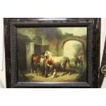 A 20th CENTURY FRAMED OIL ON BOARD OF A COURTYARD SCENE IN 18TH CENTURY STYLE WITH HORSES AND