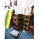 A RETRO SMALL GLAZED BOOKCASE WITH TWO TABLES, STOOL, LAMP ETC