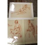 THREE 20TH CENTURY UNFRAMED MOUNTED CRAYON FEMALE NUDE STUDIES