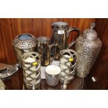 A COLLECTION OF MODERN EX SHOW HOME ORNAMENTS TO INCLUDE VASES, CANDLE HOLDERS AND JUGS