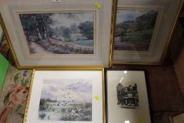 FOUR ASSORTED FRAMED AND GLAZED PRINTS