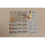FOUR MODERN CONSECUTIVE NUMBERED £10 NOTES - CH05 957395 - 98