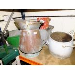 A SELECTION OF METAL CONTAINERS ETC TO INCLUDE AN ENAMELLED TUB