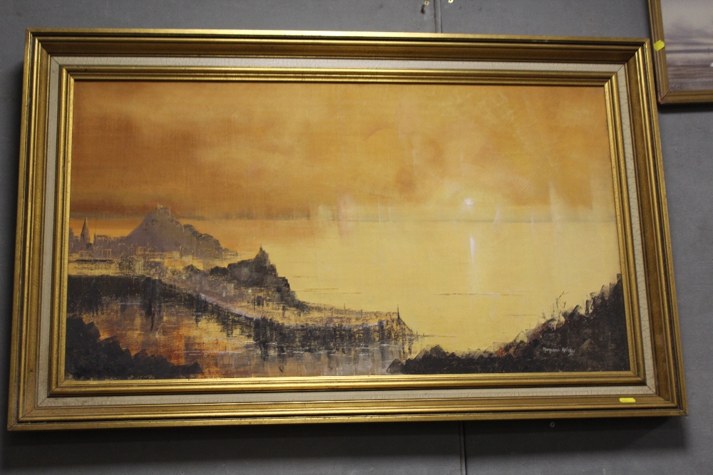 A LARGE GILT FRAMED IMPRESSIONIST OIL ON CANVAS DEPICTING A SEASCAPE AT SUNRISE SIGNED MARGARET