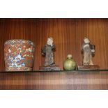 AN ORIENTAL TERRACOTTA PLANTER TOGETHER WITH A PAIR OF MONK FIGURES ON OAK PLINTHS AND A ROYAL