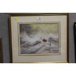 A. GREENWOOD - A FRAMED AND GLAZED IMPRESSIONIST WATERCOLOUR DEPICTING A SEASCAPE WITH ROWING BOAT
