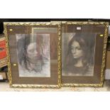 A PAIR OF GILT FRAMED AND GLAZED HEAD AND SHOULDER PORTRAIT PRINTS OF YOUNG LADIES