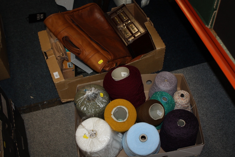 A TRAY OF SPOOLS OF WOOL, STRING ETC. A BOX OF ASSORTED SUNDRIES TO INCLUDE A LEATHER SATCHEL,