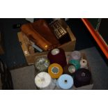 A TRAY OF SPOOLS OF WOOL, STRING ETC. A BOX OF ASSORTED SUNDRIES TO INCLUDE A LEATHER SATCHEL,