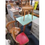 A VINTAGE KITCHEN TABLE WITH THREE BENTWOOD CHAIRS & ANOTHER (5)