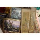 A PAIR OF ORIENTAL FIGURATIVE PAINTINGS ON SILK, TOGETHER WITH A PAIR OF OIL ON BOARDS DEPICTING
