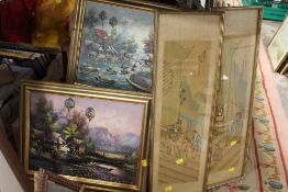 A PAIR OF ORIENTAL FIGURATIVE PAINTINGS ON SILK, TOGETHER WITH A PAIR OF OIL ON BOARDS DEPICTING