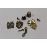 A BAG OF MOSTLY SILVER COLLECTABLES TO INCLUDE A HALLMARKED SILVER THIMBLE, SILVER FOB MEDALS ETC.