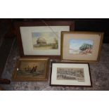 TWO FRAMED AND GLAZED WATERCOLOURS TOGETHER WITH A GILT FRAMED OIL ON CANVAS OF SHIPS AT SEA AND A