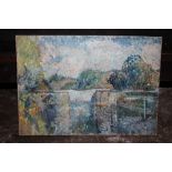 AN UNFRAMED IMPRESSIONIST OIL ON BOARD OF A RIVER LANDSCAPE